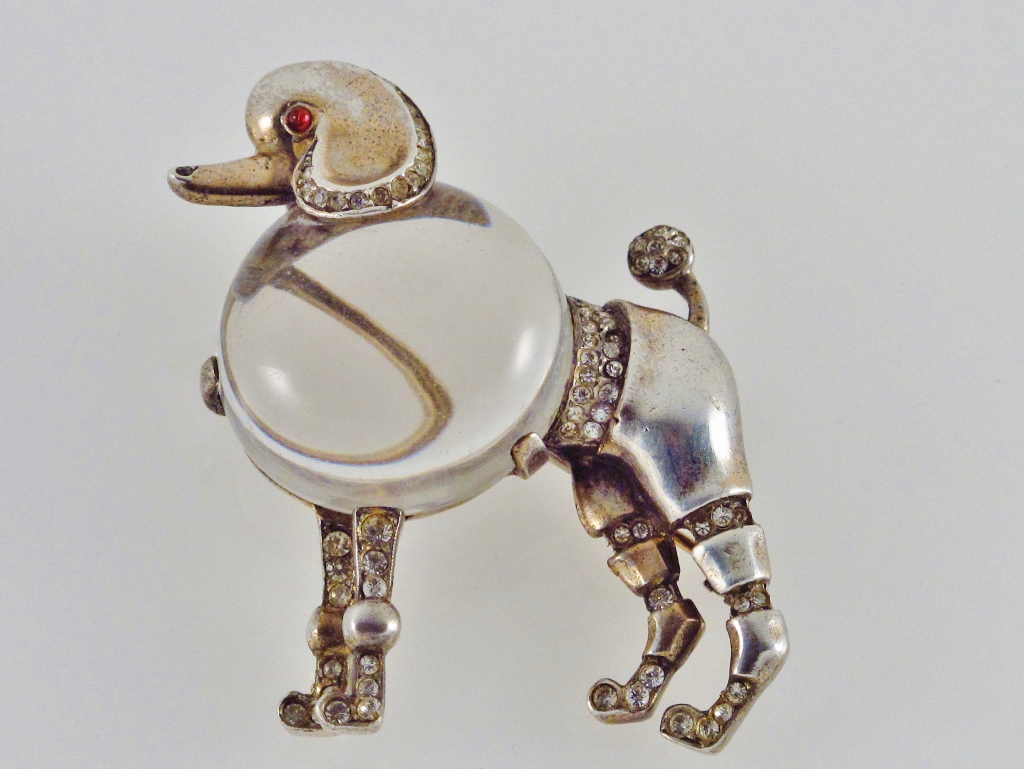 Trifari Lucite Jelly Belly vintage poodle brooch vermeil gold gilt sterling silver by Alfred Philippe 1945 ca American in Vintage Pins Brooches from Roomscape